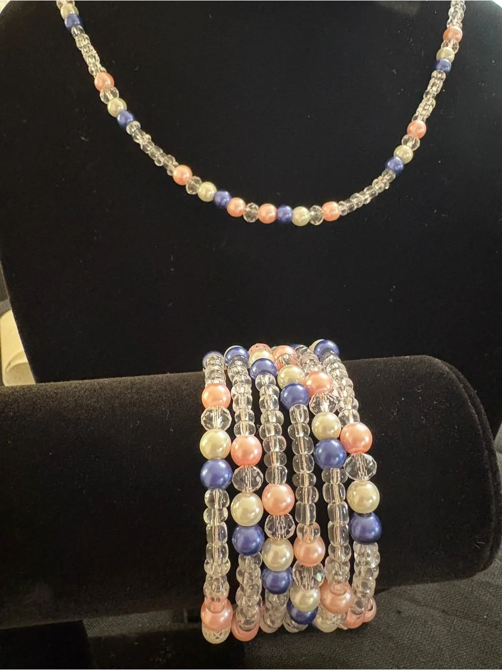 Pearl Bead Multi-Strand Necklace & Bracelet Set in Blue, Pink, Ivory